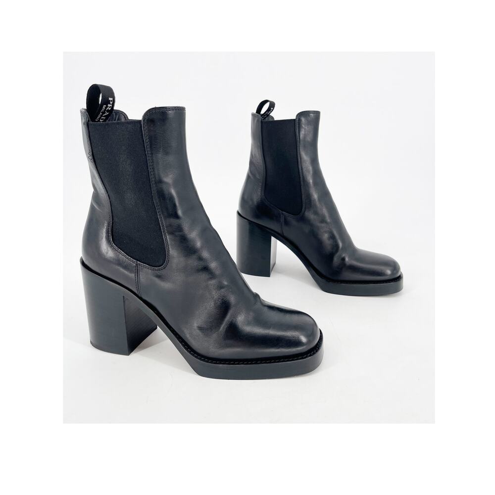 Prada Black Leather Square Toe Platform Block Heel Chelsea Boots Logo IT 37.5